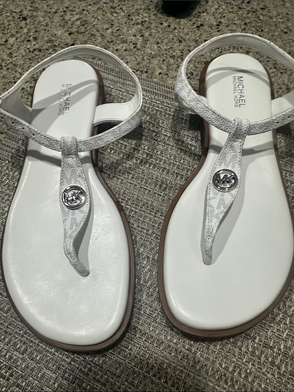 Michael Kors White T-Strap Logo Sandals with Silver Accents